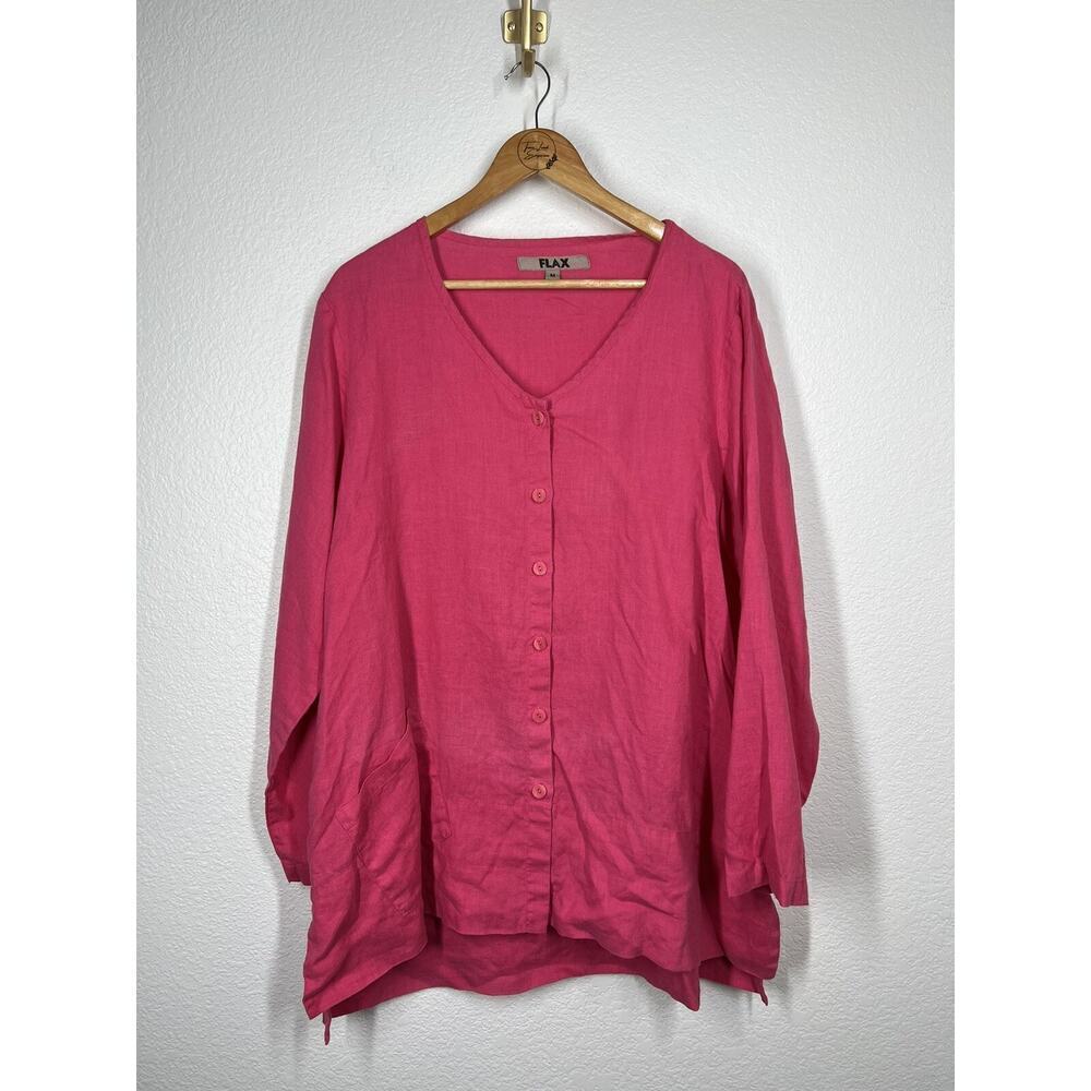 Flax Linen Button Front Tunic Top Medium Bright Pink Oversized Lagenlook